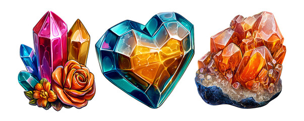 Colorful 3D Cartoon Crystals and Flowers Icon Designs with Glossy Finish