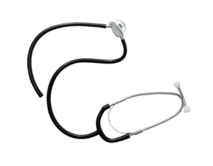 A medical stethoscope, black tubing, silver earpieces & chest piece, black background