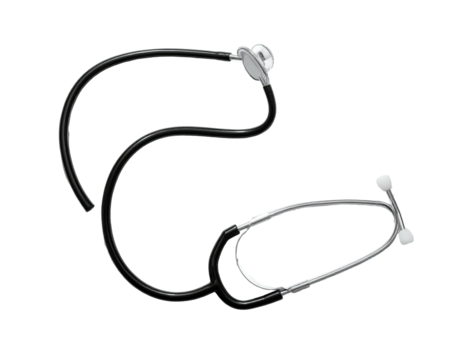 A medical stethoscope, black tubing, silver earpieces & chest piece, black background