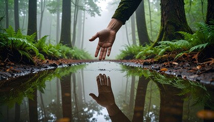 Reaching Hand Reflecting in Forest Puddle Serene Nature Scene