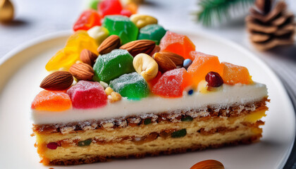 A Close Up Of A Slice Of A Holiday Cake With Colorful Candied Fruit And Nuts On A White Plate