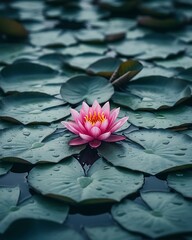 Beautiful Pink Water Lily Blooming on a Pond 