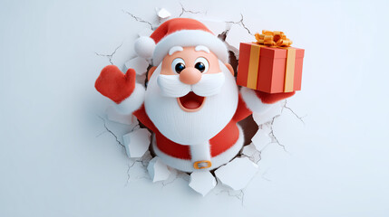 3D Santa Claus Breaking Through Wall Holding Gift Box and Waving Cheerfully