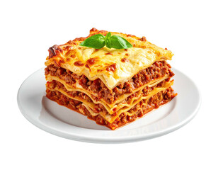 A layered, baked Italian pasta dish on a white plate, with a basil garnish
