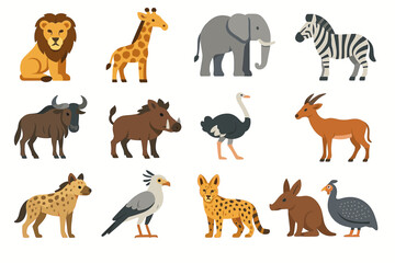 Fototapeta premium Colorful illustrated african animals collection: lion, giraffe, elephant, zebra, gazelle, more