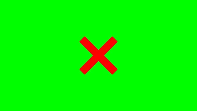 cross sign icon, clean flat 2D design, pulsing or bouncing animation, centered on bright green screen background