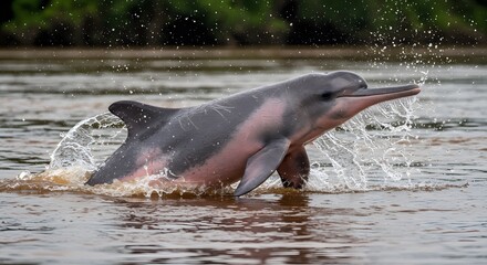 Fototapeta premium Amazon River Dolphin Leaping in Water, South American Wildlife
