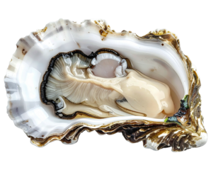 An open oyster showing the pearly interior and flesh, shell on black background