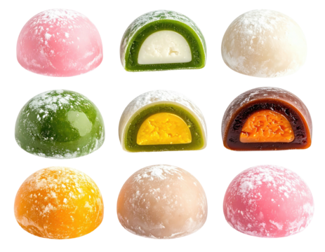 Assortment of colorful mochi desserts, some sliced to reveal fillings