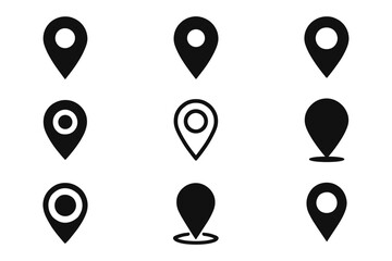 Set of nine minimalist location pin icons in black and white