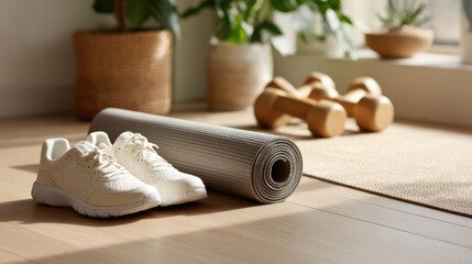 Fitness equipment for home workout concept. Dumbbells on exercise mat. 