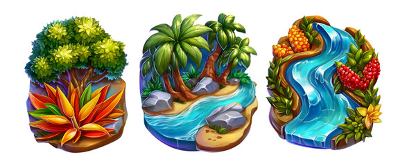 Vibrant Cartoon 3D Landscape Icons with Tropical Plants and a River