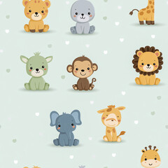 Fototapeta premium Adorable Baby Animals Pattern: A whimsical illustration of various cute baby animals, including a lion, monkey, and giraffe, in a repeating pattern, perfect for children's projects.