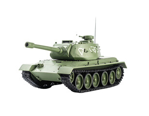 Green military vehicle isolated on black, featuring a long gun and tracks