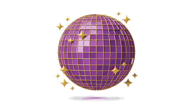 3D purple disco ball with shimmering stars and grid pattern  
