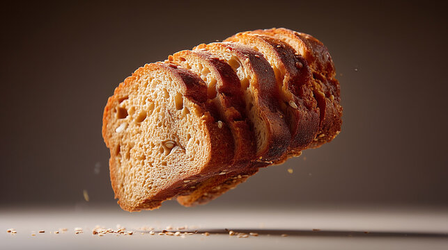 Sliced Whole Grain Bread Loaf Floating in Air with Crumbs
