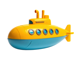 A bright yellow toy submarine with a blue hull, ready to explore the ocean