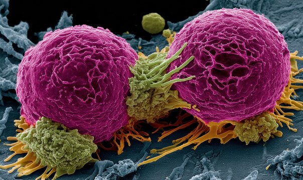 Close-up colorized scanning electron microscope image of two large, spherical cells