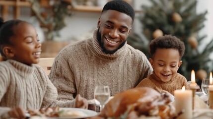 A man and two children are sitting at a table with a turkey and wine glasses