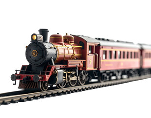 Miniature model steam train on tracks, a classic design with several cars