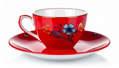Red teacup filled with tea on matching red saucer, decorated with colorful floral patterns and gold accents, placed on white background, showcasing elegant collectible design.