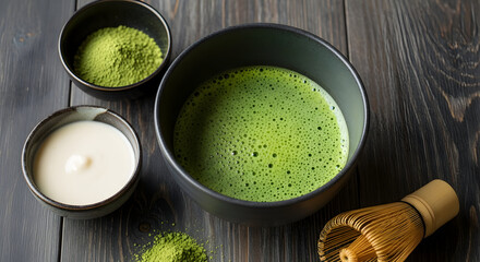 Artisan Green Tea Ceremony Preparing Matcha Latte With Bamboo Whisk in a Dark Bowl on Wooden Background Culinary Tradition Green Tea Latte Healthy Drink 150