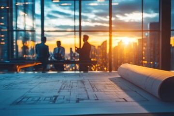 Group of business professionals reviewing architectural blueprints in modern office with city skyline and sunset view