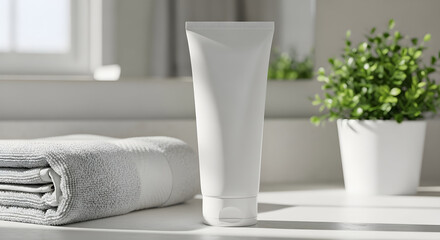Clean White Beauty Tube for Cream or Lotion Brand Promotion in Spa Bathroom with Window Light Simple Modern Lifestyle Mockup for Design and Marketing 150