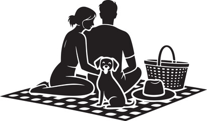 Couple and Dog Enjoying a Picnic on a Blanket with Basket and Hat vector illustration