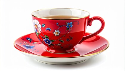 Red teacup filled with tea on matching red saucer, decorated with colorful floral patterns and gold accents, placed on white background, showcasing elegant collectible design.