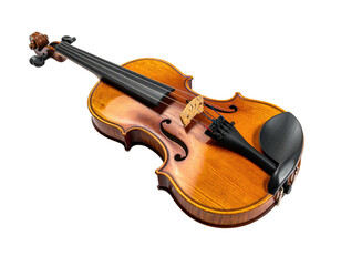 A classic wooden violin rests on a black background, showcasing its rich texture