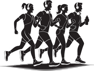 Group of Runners Silhouette with Headphones and Water Bottle running fitness