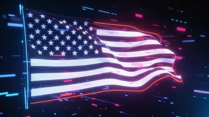 American Flag with Neon Outline Waving in a Digital Space Keywords: USA, United States, America