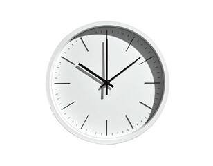 A white wall clock with black hands at approximately ten o'clock