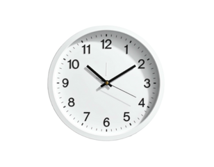 White circular analog clock on a black background, showing time