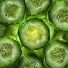 Fototapeta premium Cucumber Slices: Freshly sliced cucumbers artfully arranged, their translucent interiors revealing intricate details in a vibrant display of natural beauty.