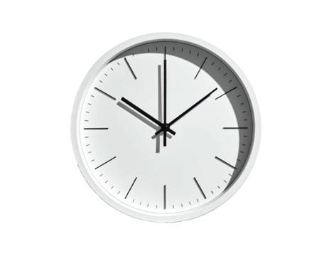 A white wall clock with black hands at approximately ten o'clock