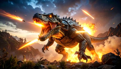Roaring Dinosaur with Fiery Breath Amidst Explosions in Dramatic Landscape