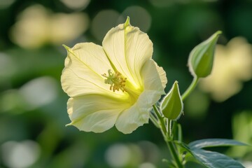 Delicate pale yellow okra flower with green buds glowing in soft sunlight, showcasing natural beauty and botanical detail