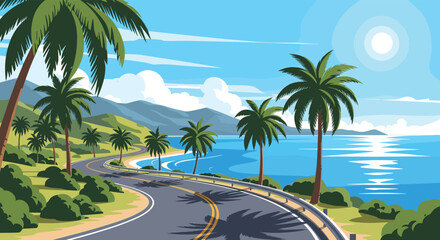 A scenic coastal highway winds through lush green hills overlooking a sparkling blue ocean on a sunny day.