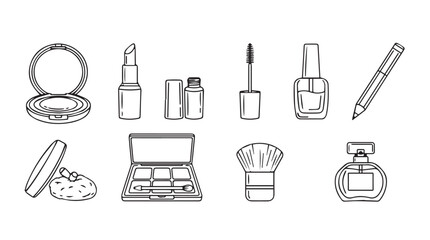 Collection of hand drawn makeup and beauty products line art icons for cosmetics and fashion vector
