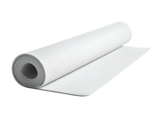 A partially unrolled white foam mat on a black background, revealing a rolled portion