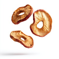 Three dehydrated apple rings levitate against a stark white backdrop, showcasing their shrunken texture and rich, reddish-brown hue.  A subtle shadow hints at their suspended state