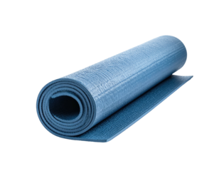 Rolled-up blue exercise mat isolated against a black background