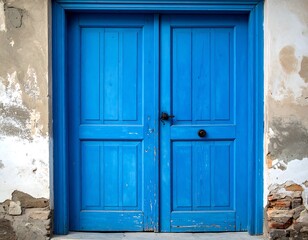 Vintage Blue Wooden Double Doors Exterior.