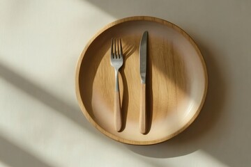 Wooden plate resting on a table, featuring a fork and knife with matching wooden handles in a minimalist setting