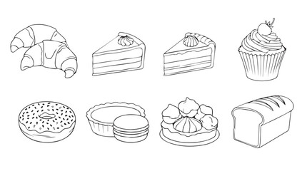 Collection of hand-drawn baked goods delicious pastries and desserts for culinary designs vector