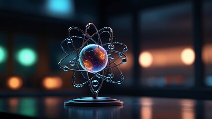 Cinematic photo of a glowing atom model