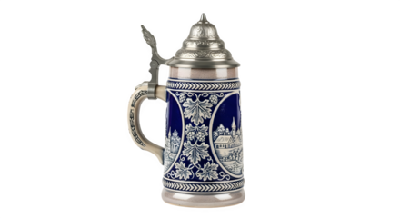 Traditional german beer stein with intricate detailing, a hinged lid, and a classic design isolated on transparent background, perfect for beer enthusiasts