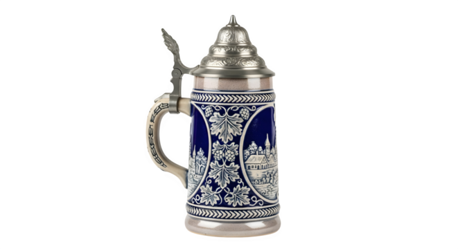 Traditional german beer stein with intricate detailing, a hinged lid, and a classic design isolated on transparent background, perfect for beer enthusiasts
